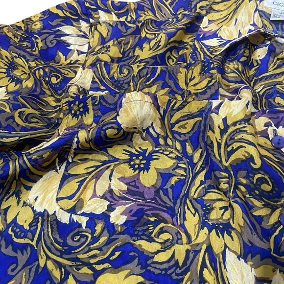 Vintage Cezar Shirt Women's Size L 100% Silk Blue Floral Button Up Short Sleeve - Picture 4 of 9